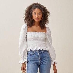 Reformation Tangerine Linen White Smocked Top